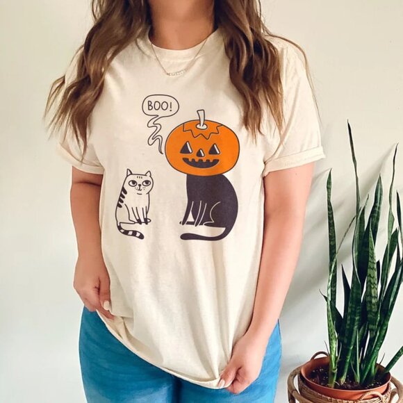 Tops - Pumpkin Halloween Shirt, Boo Cat Halloween, Cat Shirt Pumpkin, Shirt Ghost Cat